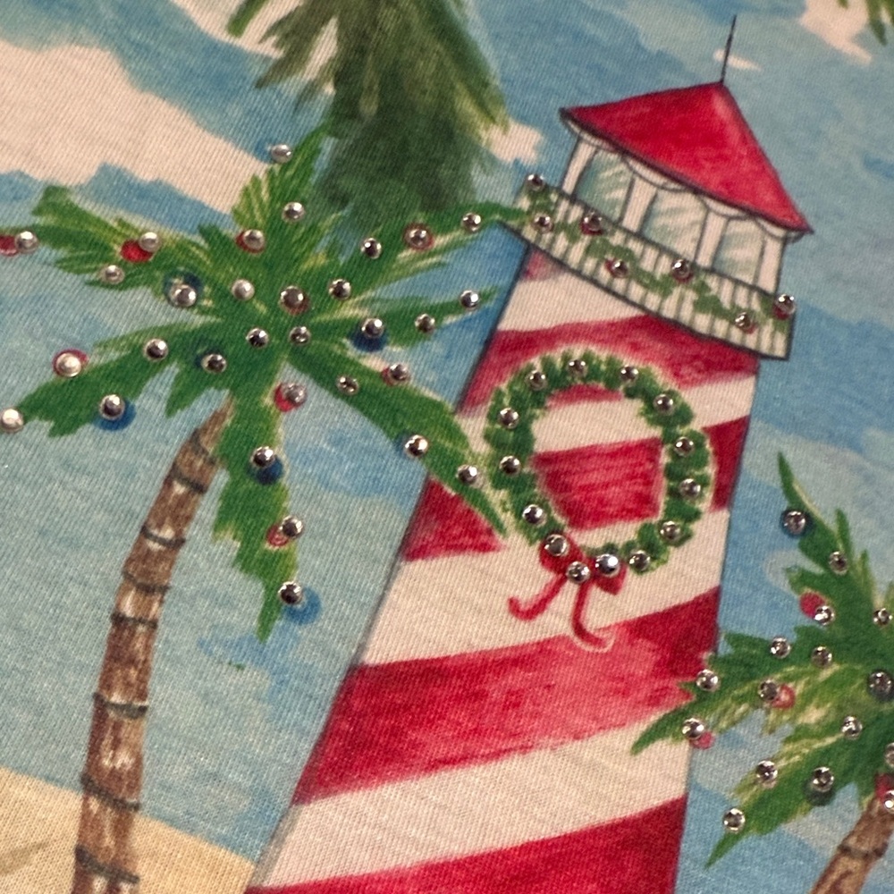 Vintage Coral Bay Christmas Lighthouse Tropical Print Women's Top XL excellent - Picture 7 of 11